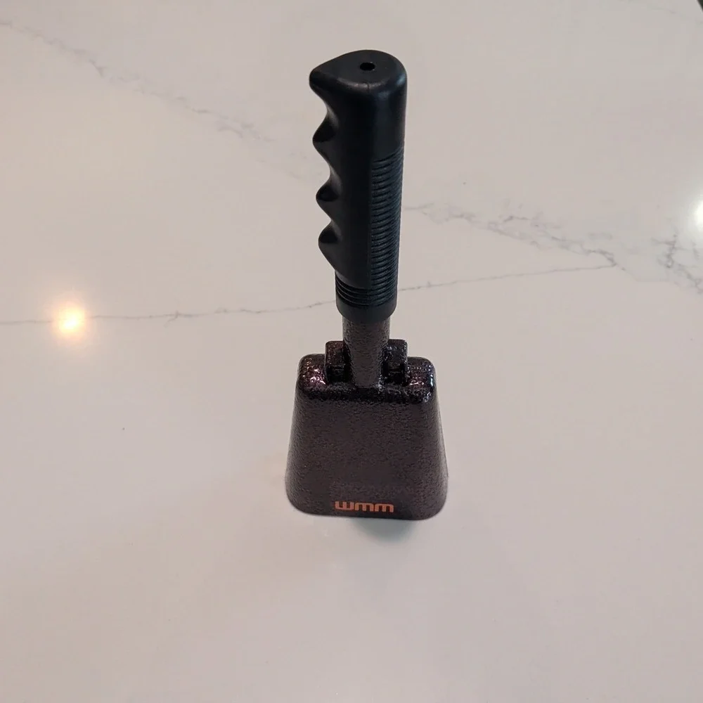 WMM Cow Bell With Handle. 9 1/2 Inches Long Dark Bronze Color Black Bicycle Grip